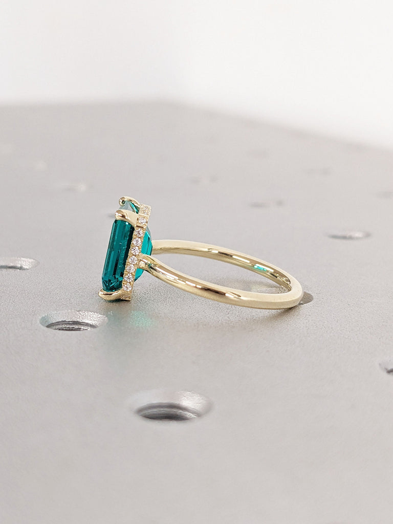 Bluish Green Colombian Lab Emerald Engagement Ring | Solitaire Ring | Diamond Hidden Halo Ring | Delicate Thin Gold Wedding Ring for Her