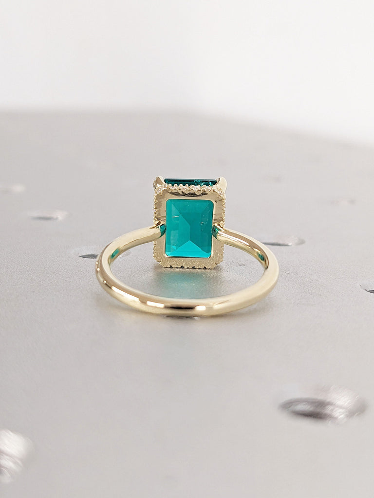 14k Solid Gold Emerald Ring | Solid Gold Wedding Ring | Engagement Ring | Diamond Halo Rectangular Setting | Large Emerald Ring, Dainty Band