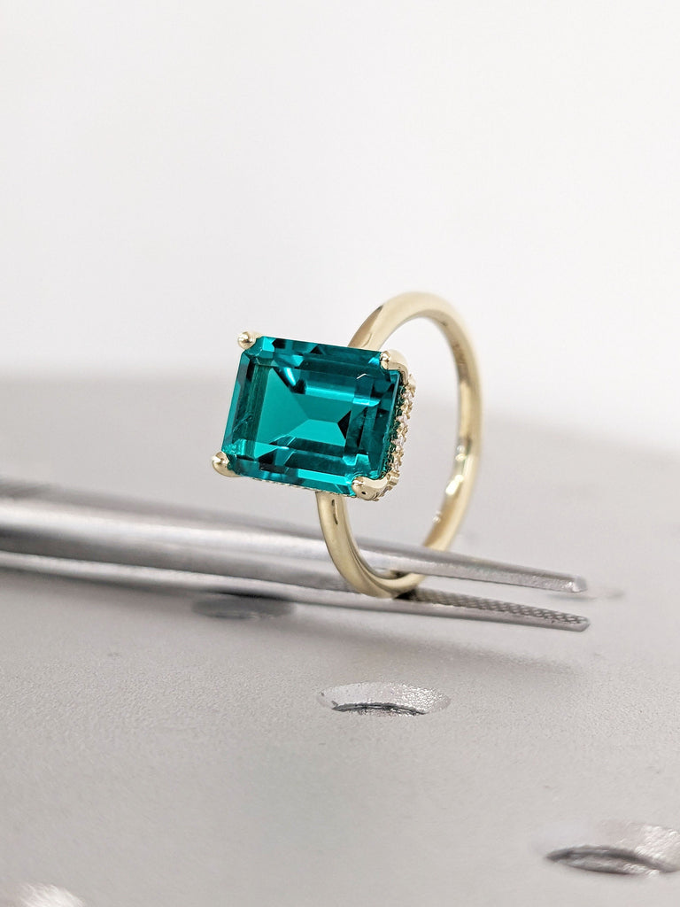 14k Solid Gold Emerald Ring | Solid Gold Wedding Ring | Engagement Ring | Diamond Halo Rectangular Setting | Large Emerald Ring, Dainty Band