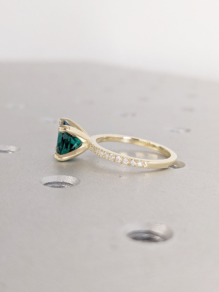 Vintage Lab Emerald Engagement Ring | Round Emerald Proposal Ring | 14K Yellow Gold Diamond Eternity Wedding Band | Promise Anniversary Ring