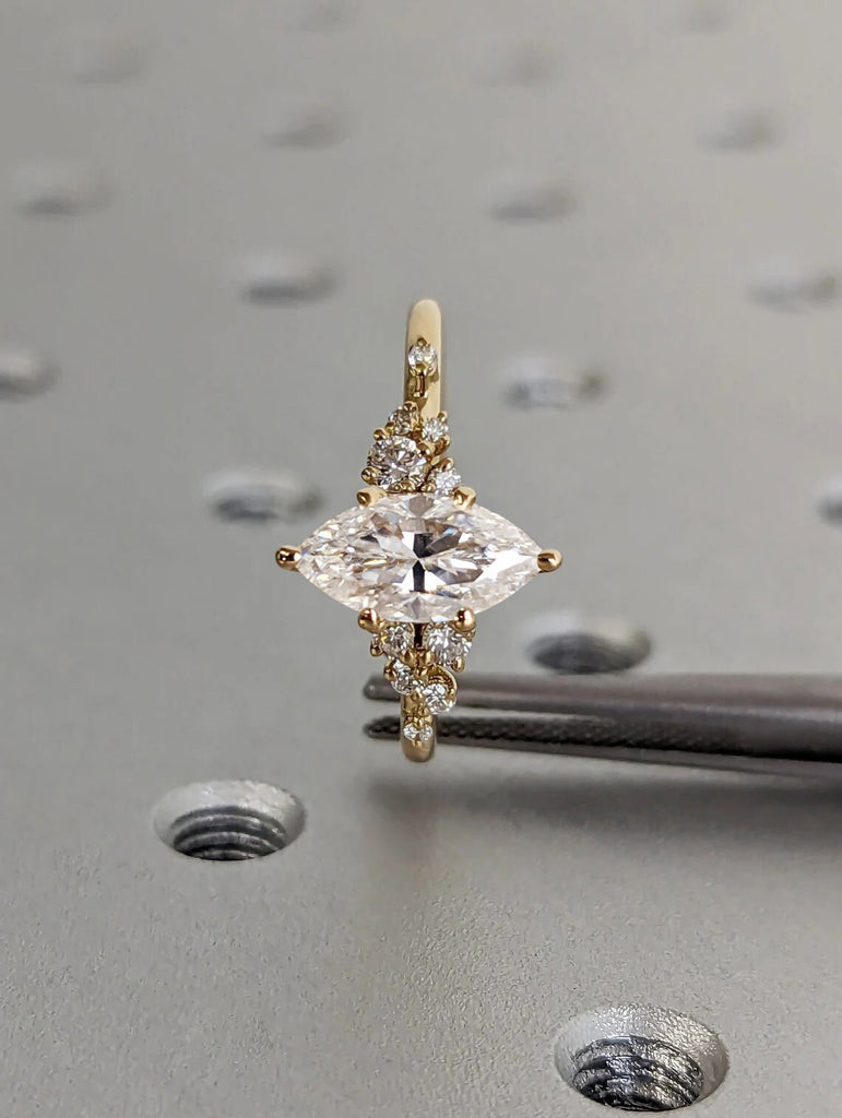 1CT Marquise Moissanite 18K Yellow Gold Engagement Ring | Unique Snowdrift 6 Prong Diamond Cluster Promise Ring | Wedding Ring for Her