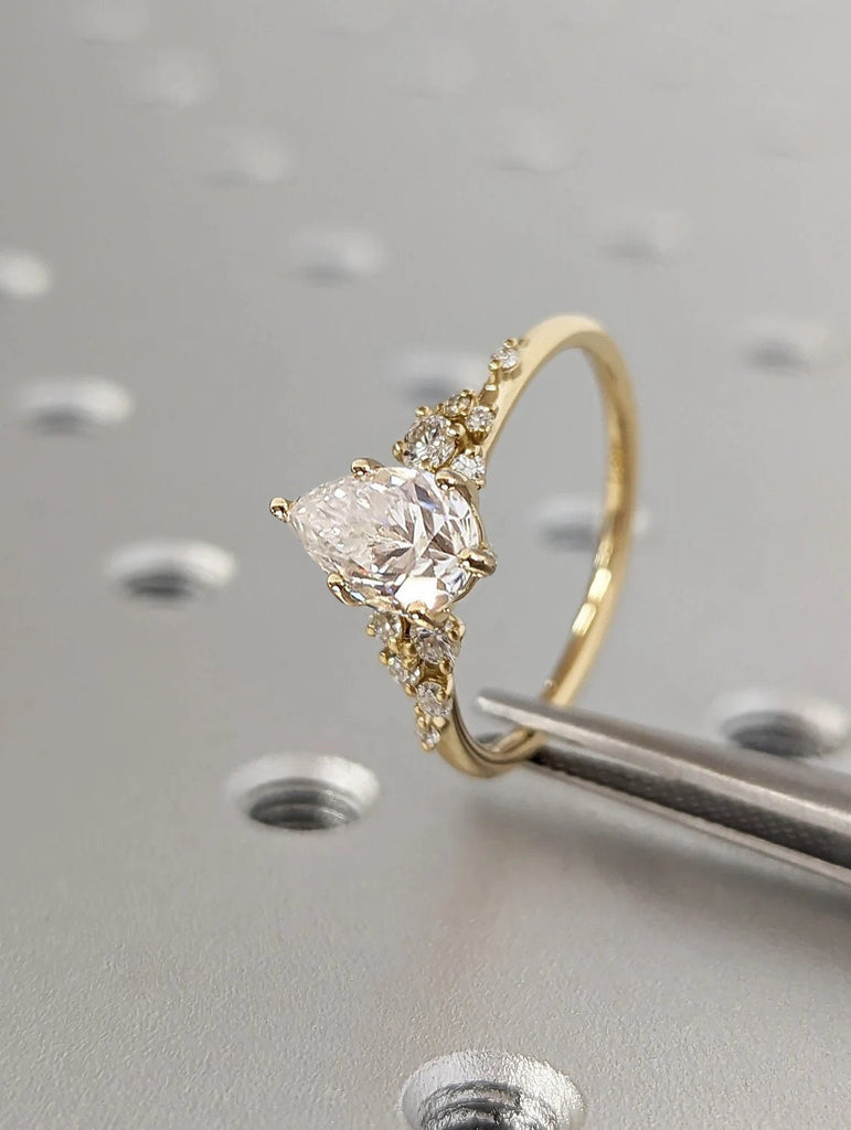 1ct Pear cut Moissanite 18K Yellow Gold Engagement Ring | Unique Snowdrift 6 Prong Diamond Cluster Promise Ring | Wedding Ring for Her