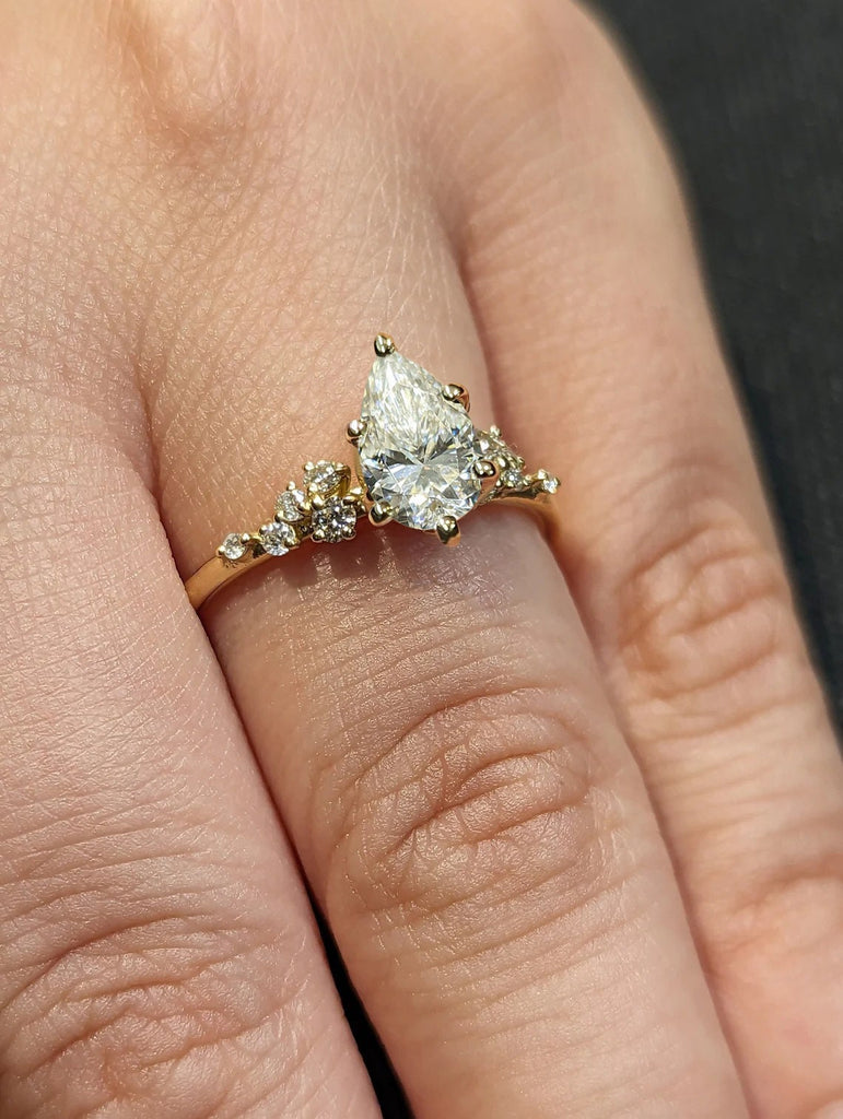 1ct Pear cut Moissanite 18K Yellow Gold Engagement Ring | Unique Snowdrift 6 Prong Diamond Cluster Promise Ring | Wedding Ring for Her