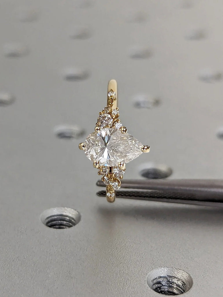 1ct Pear cut Moissanite 18K Yellow Gold Engagement Ring | Unique Snowdrift 6 Prong Diamond Cluster Promise Ring | Wedding Ring for Her