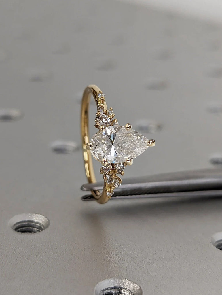 1ct Pear cut Moissanite 18K Yellow Gold Engagement Ring | Unique Snowdrift 6 Prong Diamond Cluster Promise Ring | Wedding Ring for Her