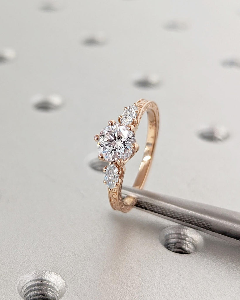 Marquise, Round Moissanite Engagement Ring | 14k Gold 1ct Solitaire Ring | Womens 3 Stone Diamond Ring | Vintage Design Proposal Bridal Ring