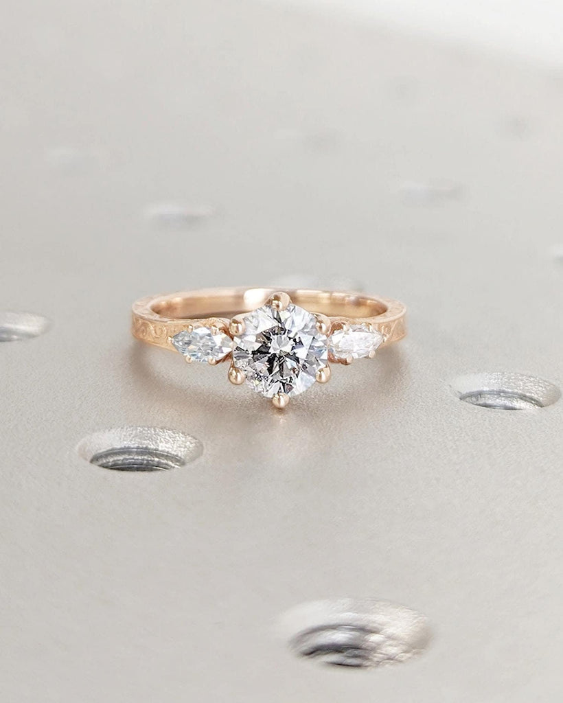 Lab Grown Diamond 14k Real Gold Dainty Round, Marquise 3 Stone Engagement Ring | Moissanite Cluster Ring | Filigree Band | Hand Carved Ring