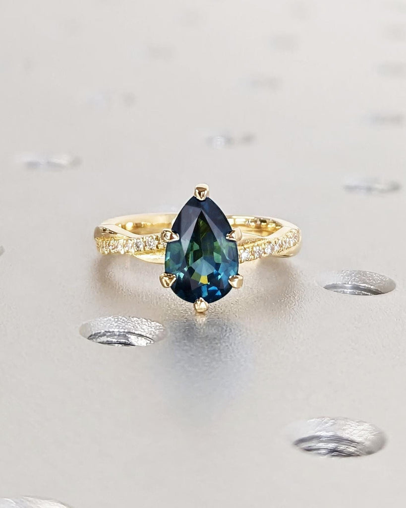 Teal Sapphire Engagement Ring, Yellow Gold Sapphire Ring, Pear Cut Blue Green Peacock Sapphire Ring, Vintage Diamond Twist Band, Bridal Ring