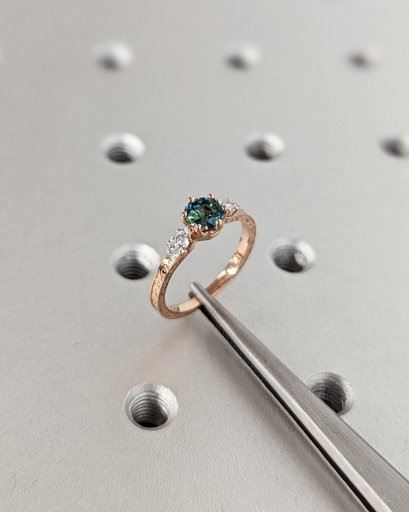 Natural Teal Sapphire Vintage Engagement Ring | Rose Gold Wedding Ring | Filigree Ring | Three Stone Trilogy Simple Promise Ring for Her