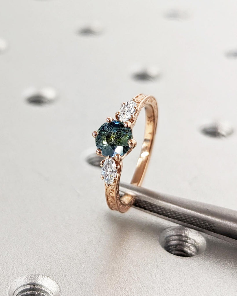 Natural Teal Sapphire Vintage Engagement Ring | Rose Gold Wedding Ring | Filigree Ring | Three Stone Trilogy Simple Promise Ring for Her