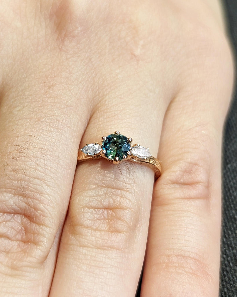 Round Montana Sapphire Engagement Ring, Vintage Style Peacock Sapphire Filigree Engagement Ring, Three Stone Ring, Rose Gold Ring, Art Deco