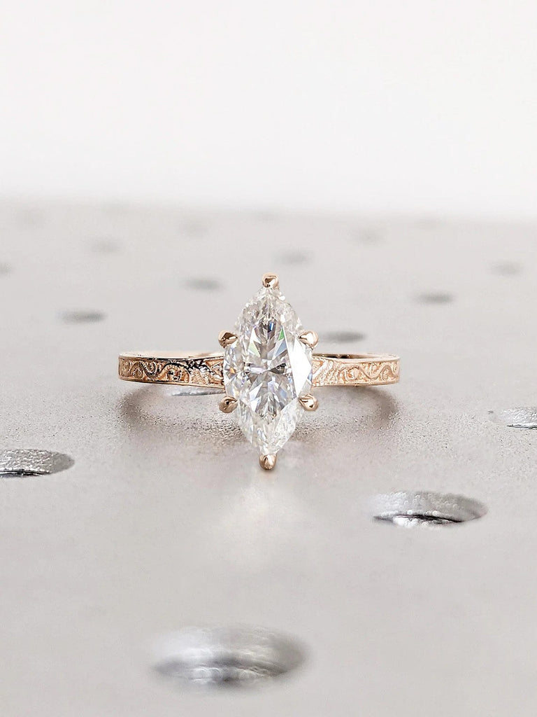 14K Rose Gold Moissanite Engagement Ring | Diamond Hidden Halo Ring | Unique Art Deco Proposal Ring | Marquise cut Ring | Woman Jewelry