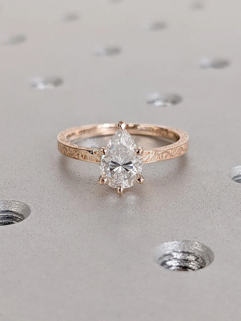 1CT Pear cut Moissanite Engagement Ring | 14K Rose Gold Diamond Hidden Halo Ring | Unique Vintage Proposal Ring | Woman Bridal Jewelry