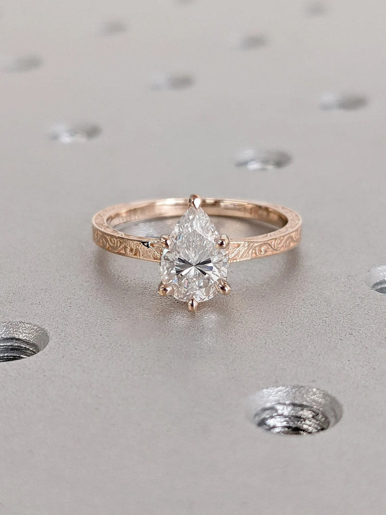 1CT Pear Moissanite Engagement Ring | Antique Rose Gold Diamond Hidden Halo Ring | Simple Promise Ring for Her | Filigree Wedding Band