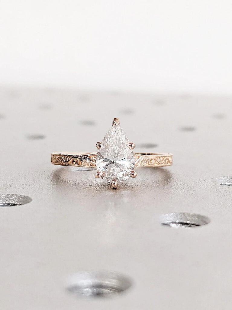 1CT Pear cut Moissanite Engagement Ring | 14K Rose Gold Diamond Hidden Halo Ring | Unique Vintage Proposal Ring | Woman Bridal Jewelry