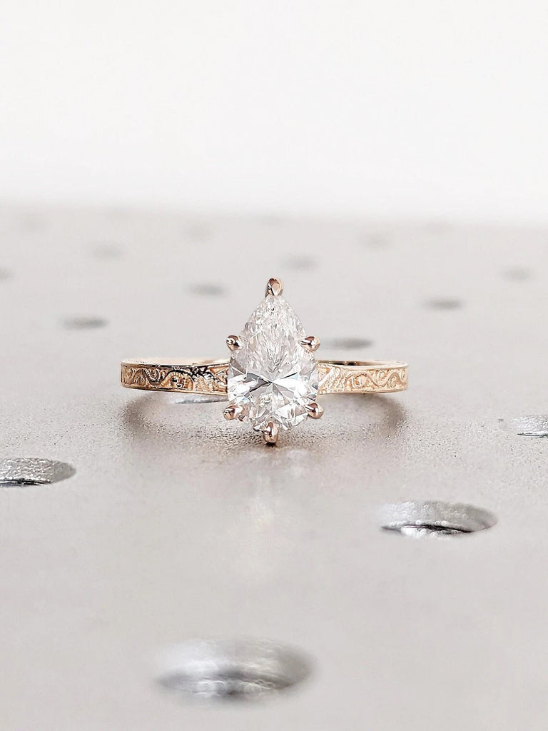 1CT Pear cut Moissanite Engagement Ring | 14K Rose Gold Diamond Hidden Halo Ring | Unique Vintage Proposal Ring | Woman Bridal Jewelry