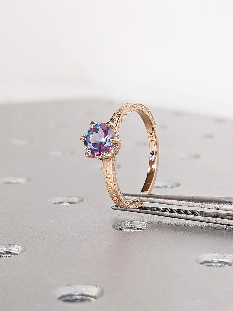 Round Alexandrite Solitaire Engagement Ring | Antique Rose Gold Diamond Hidden Halo Ring | Promise Ring for Her | Handmade Filigree Ring