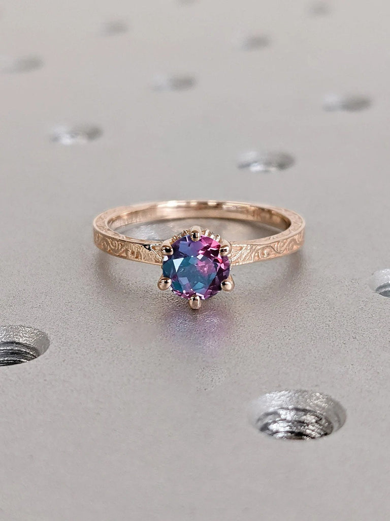 Round Alexandrite Solitaire Engagement Ring | Antique Rose Gold Diamond Hidden Halo Ring | Promise Ring for Her | Handmade Filigree Ring