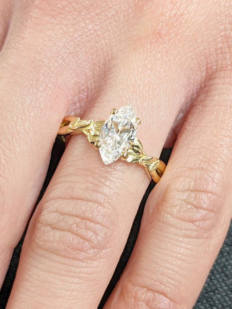 Nature Inspired Moissanite Engagement Ring | Solitaire Ring | Marquise cut Ring | 14K 18K Yellow Gold Promise Ring | Floral Twig Branch Ring