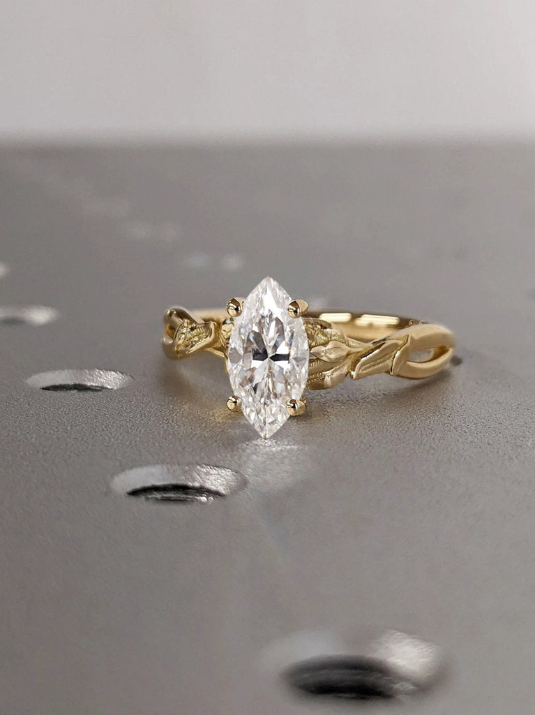 Nature Inspired Moissanite Engagement Ring | Solitaire Ring | Marquise cut Ring | 14K 18K Yellow Gold Promise Ring | Floral Twig Branch Ring