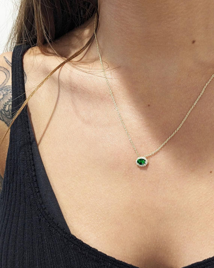 14k Emerald Stone Necklace | May Birthstone Pendant Necklace | Gold Emerald Necklace | Oval Cut Necklace | Diamond Moissanite Halo Pendant