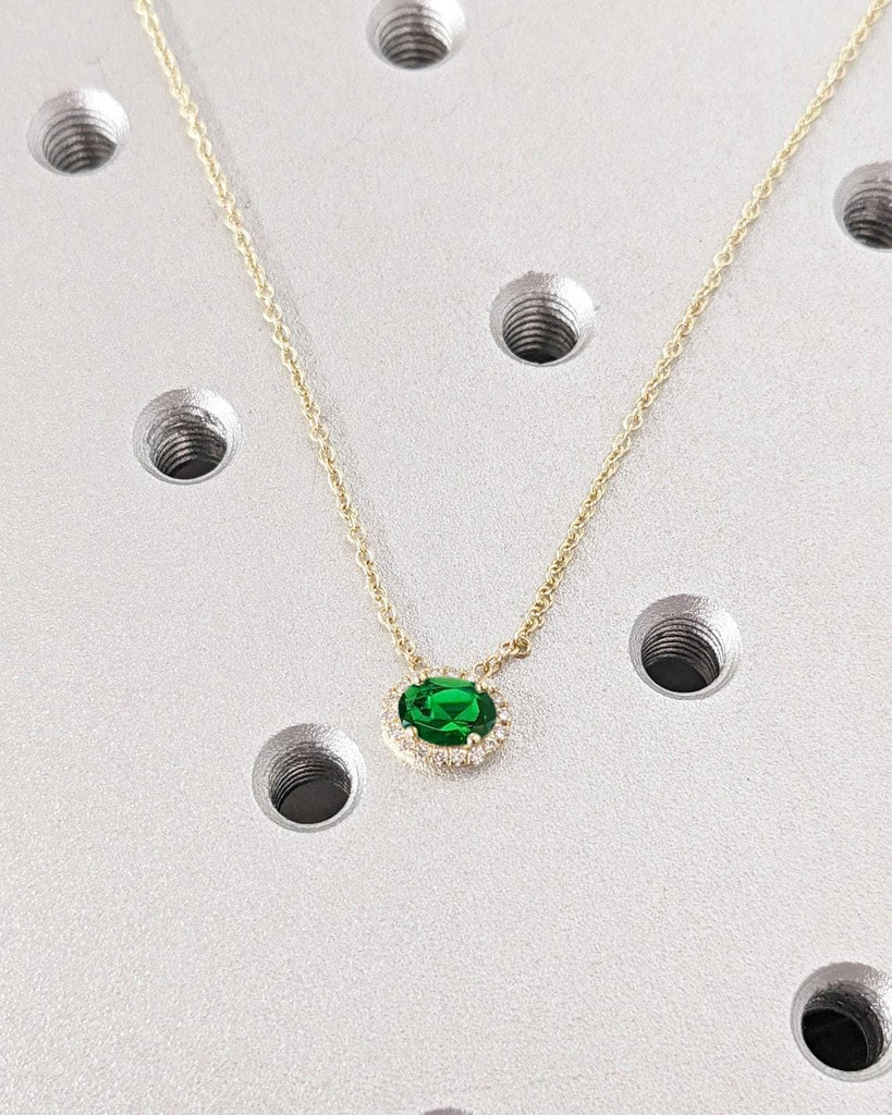 14k Emerald Stone Necklace | May Birthstone Pendant Necklace | Gold Emerald Necklace | Oval Cut Necklace | Diamond Moissanite Halo Pendant