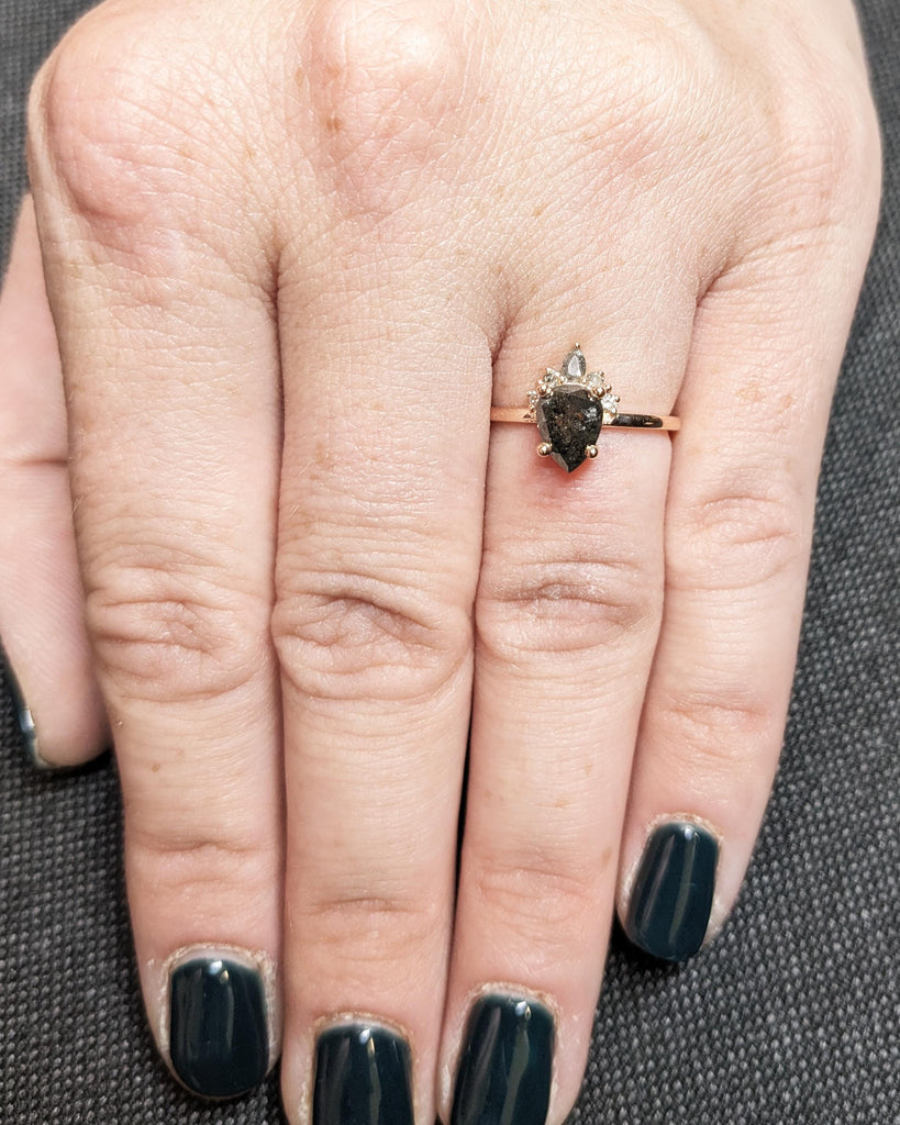 Galaxy Raw Salt and Pepper Diamond Ring- Pear Cut Diamond Engagement Rings- Unique Bridal Geometric Diamond- Half Halo Cluster Diamond Ring