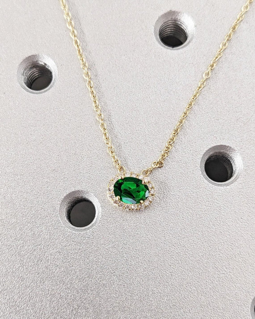 18k Emerald Stone Necklace | May Birthstone Pendant Necklace | Gold Emerald Necklace | Oval Cut Necklace | Diamond Moissanite Halo Pendant | Solitaire East West Pendant Necklace for Her