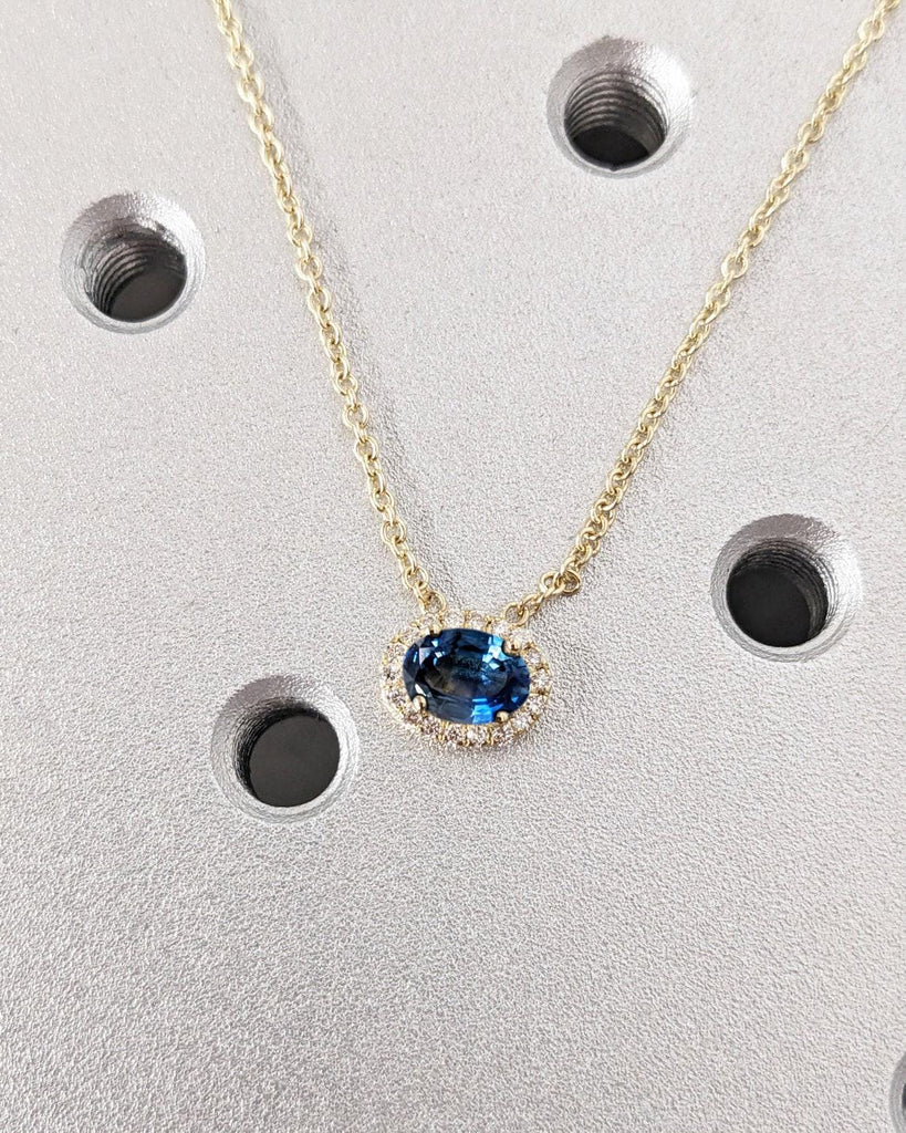 Blue Lab Sapphire Pendant with Halo Diamonds | Classic Sapphire Necklace for Her | Rope Chain Necklace | East West Oval Solitaire Pendant