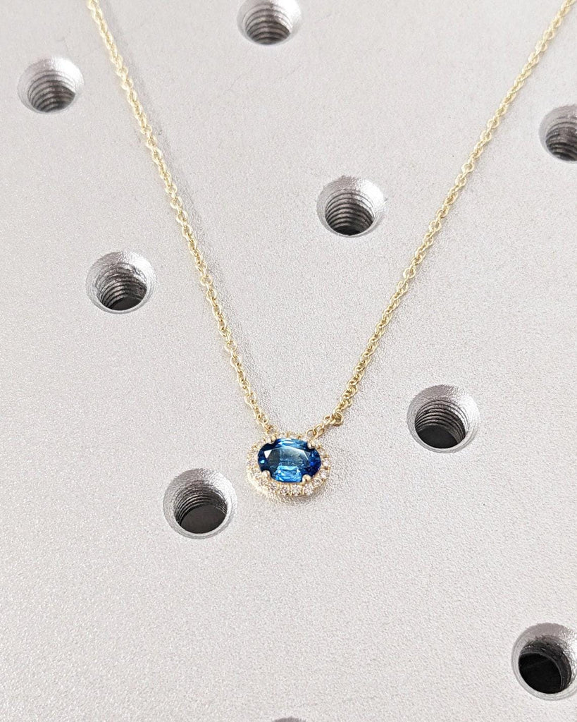 Blue Lab Sapphire Pendant with Halo Diamonds | Classic Sapphire Necklace for Her | Rope Chain Necklace | East West Oval Solitaire Pendant