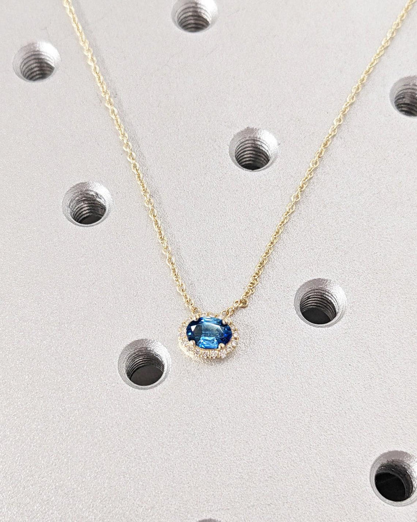 14K Gold Sapphire Necklace | Sapphire Oval Pendant | Solid Yellow White Rose Minimal Gold Dainty September Birthstone Necklace for Women