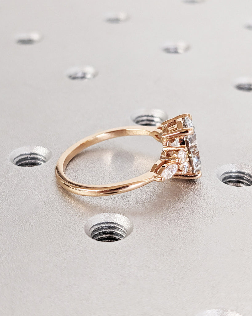 Lab Diamond Oval Engagement Ring, Oval Lab Diamond and Multi-Stone Wedding Ring, Rose Gold Lab Diamond Ring, Cluster Ring, Anniversary Gift