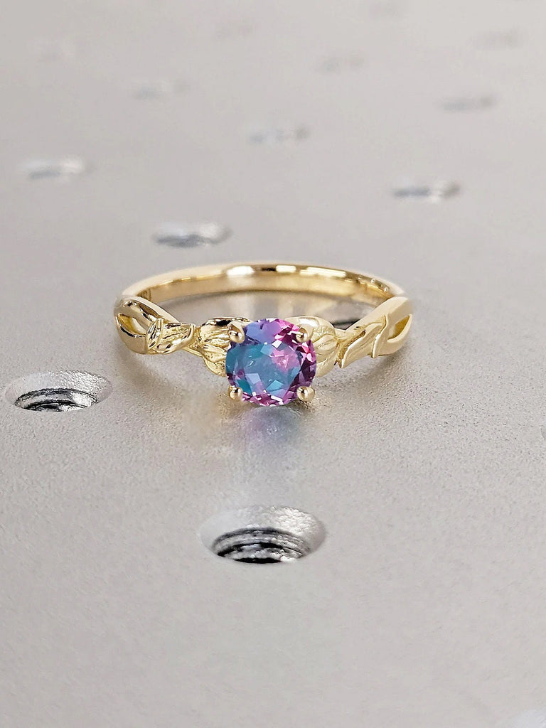 Nature Inspired Lab Alexandrite Engagement Ring | Solitaire Ring | 14K 18K Solid Gold Rustic Proposal Ring | Blue Purple June Birthstone