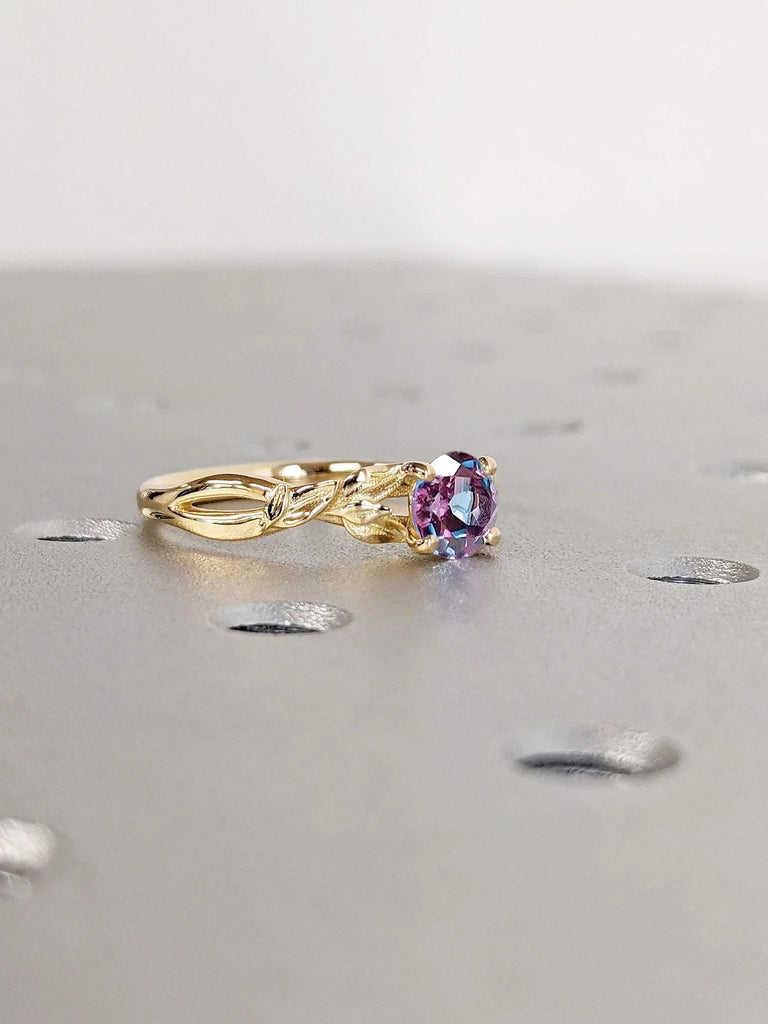 Nature Inspired Lab Alexandrite Engagement Ring | Solitaire Ring | 14K 18K Solid Gold Rustic Proposal Ring | Blue Purple June Birthstone