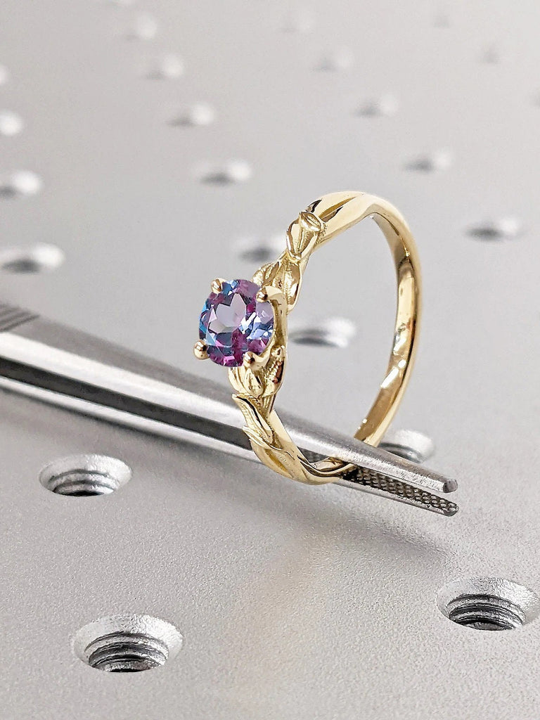 Nature Inspired Lab Alexandrite Engagement Ring | Solitaire Ring | 14K 18K Solid Gold Rustic Proposal Ring | Blue Purple June Birthstone