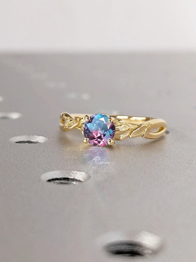 Nature Inspired Lab Alexandrite Engagement Ring | Solitaire Ring | 14K 18K Solid Gold Rustic Proposal Ring | Blue Purple June Birthstone