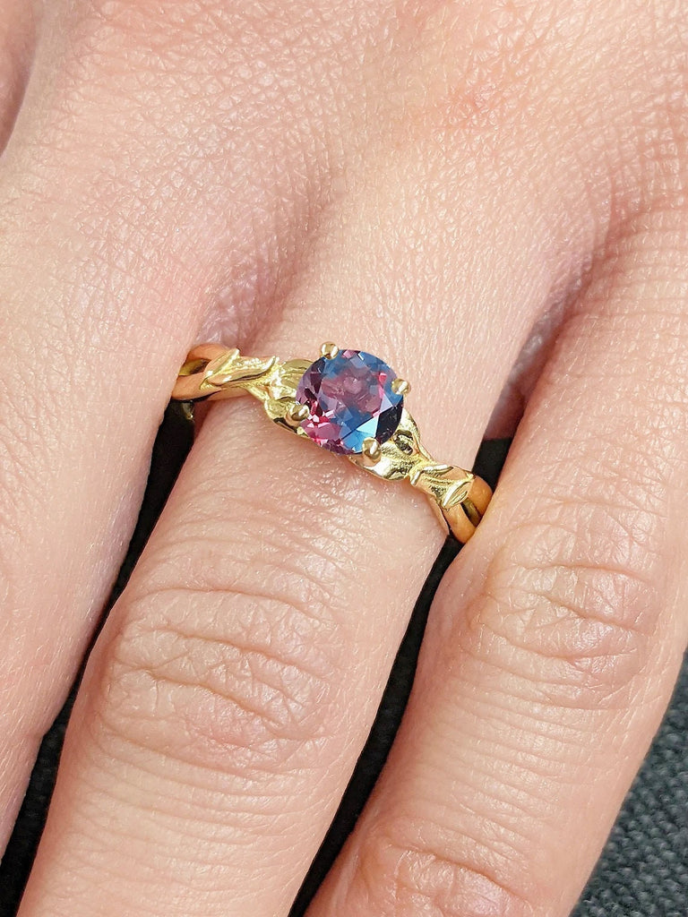 Nature Inspired Round cut Lab Alexandrite Engagement Ring | Solitaire Ring | 14K 18K Yellow Gold Promise Ring | Rustic Proposal Ring | Blue Purple Gemstone Ring