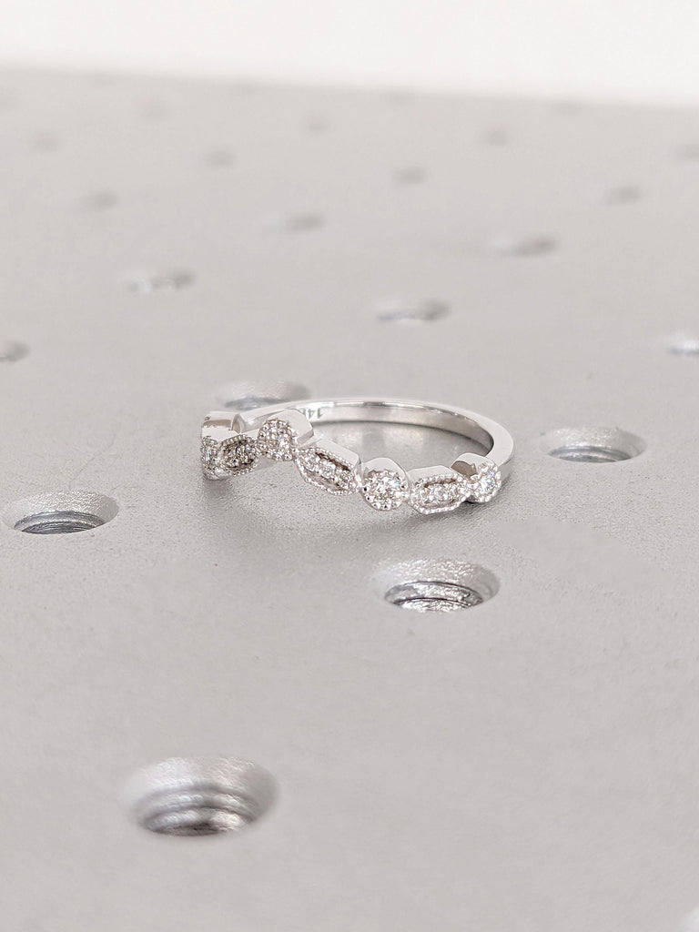 Vintage Curved Wedding Band | Lab Created Diamond Ring Enhancer | Unique Moissanite White Gold Wedding Band | Art Deco Cluster Matching Stacking Band Promise