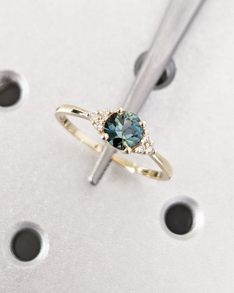 Vintage Teal Sapphire Engagement Ring Round Cut | Antique Rose Gold Peacock Sapphire Wedding Ring | Round Diamond Cluster Anniversary Ring