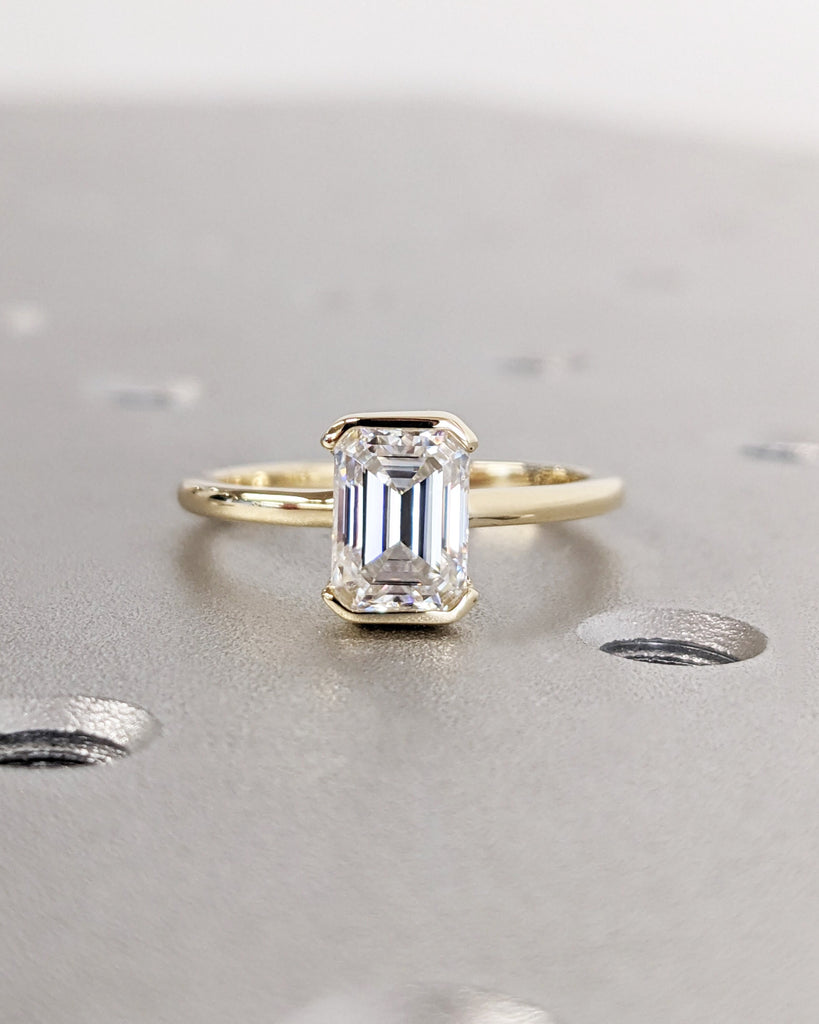 Handmade Custom Ring Vintage / Emerald Cut Moissanite Engagement Ring / 4 Prongs Wedding Promise Ring / 14K Solid Gold Ring / Floating Bezel