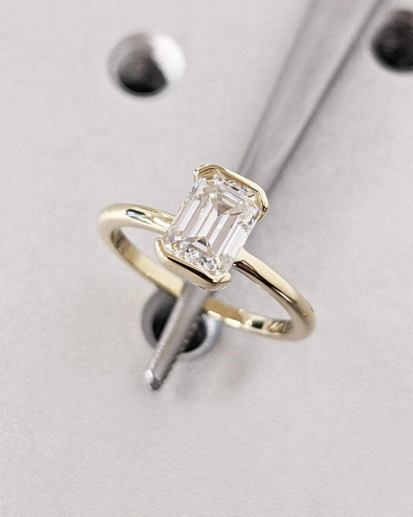 Handmade Custom Ring Vintage / Emerald Cut Moissanite Engagement Ring / 4 Prongs Wedding Promise Ring / 14K Solid Gold Ring / Floating Bezel