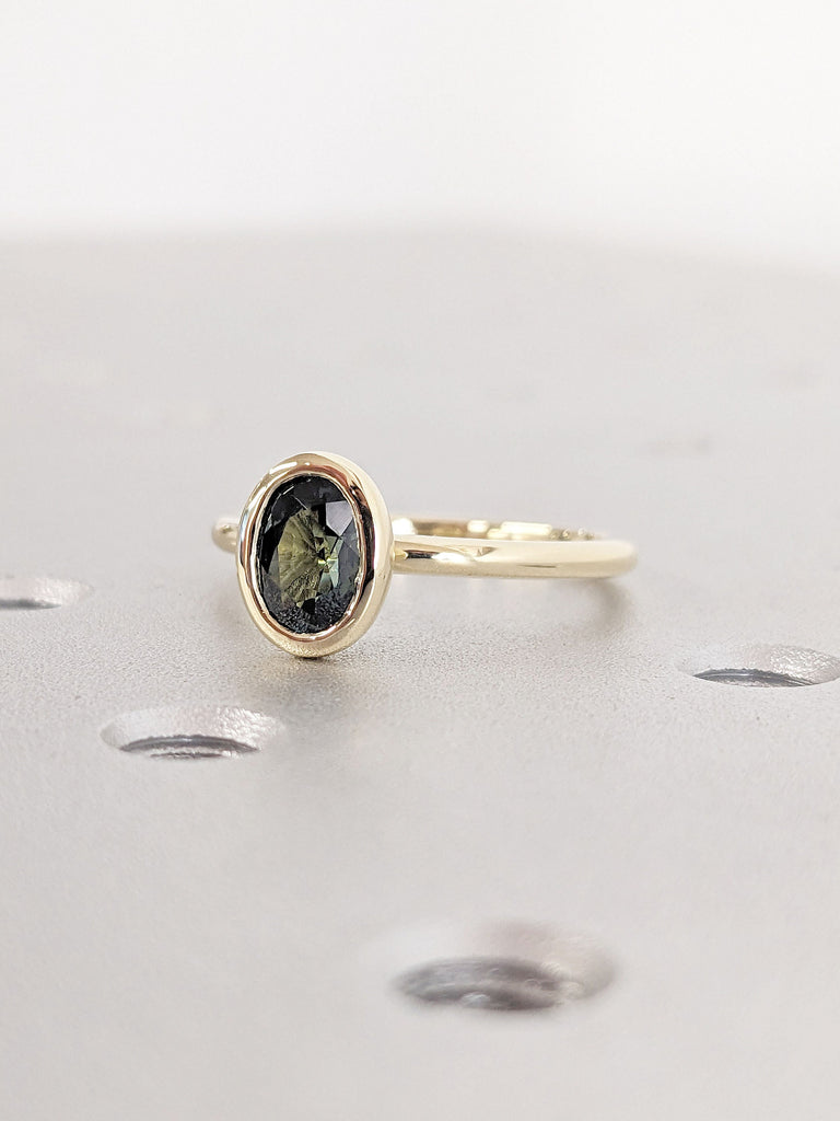 1CT Oval Peacock Sapphire Simple Promise Ring | Bezel set Sapphire Solitaire Ring | Yellow Gold Engagement Ring | Wedding Ring for Her