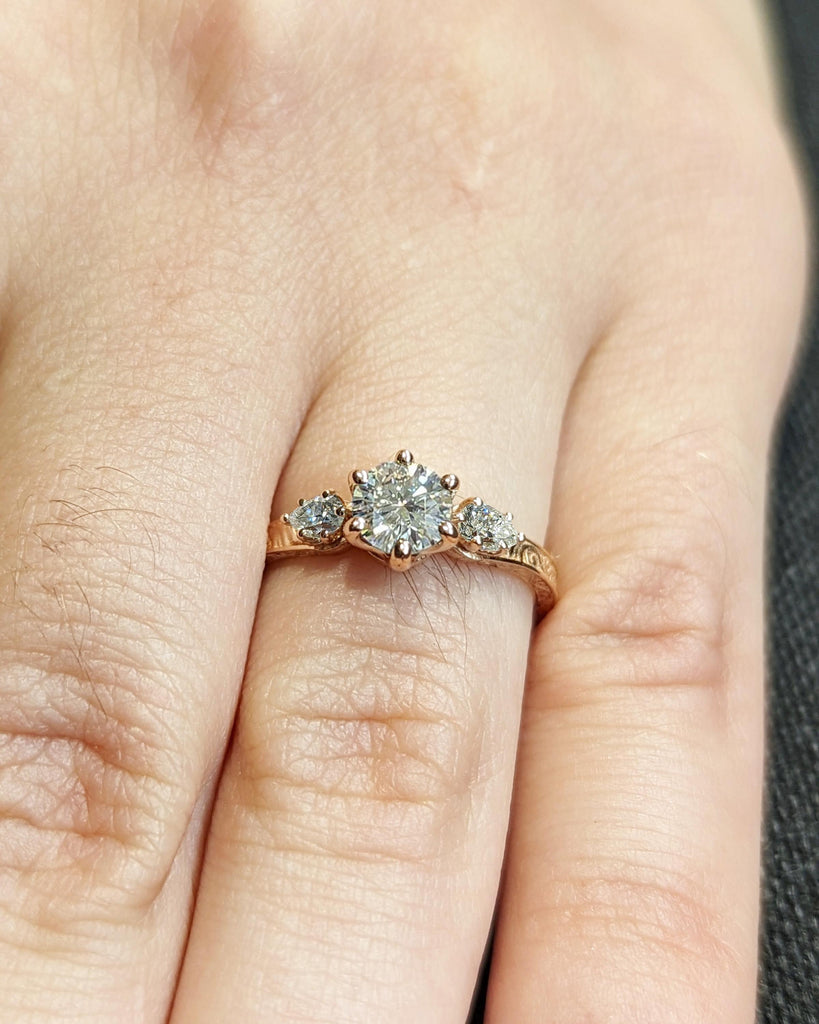 14k Rose Gold 1ct Diamond Vintage Engagement Ring | Round Lab Grown Diamond Unique Proposal Ring | Art Deco Pear cut Moissanite Promise Ring