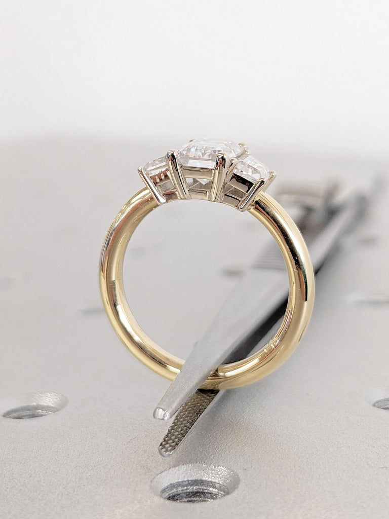 Three Stone Emerald Cut Moissanite Engagement Ring | Yellow Gold Moissanite Wedding Ring | Side Trapezoid Cut Diamond Anniversary Ring image #4