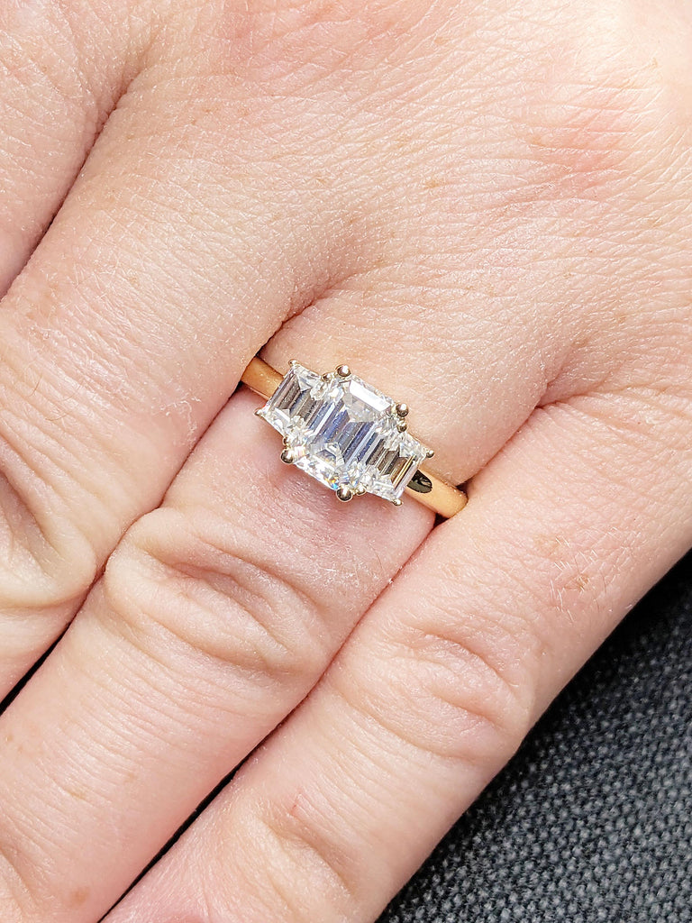 Three Stone Emerald Cut Moissanite Engagement Ring | Yellow Gold Moissanite Wedding Ring | Side Trapezoid Cut Diamond Anniversary Ring image #2