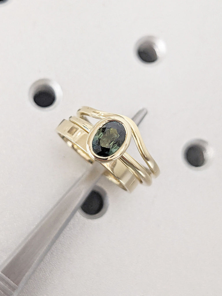 One of a Kind Montana Sapphire Ring Set | Blue Green Sapphire Engagement Ring | Anniversary Ring | 14K Yellow Gold Curve Woman Wedding Band