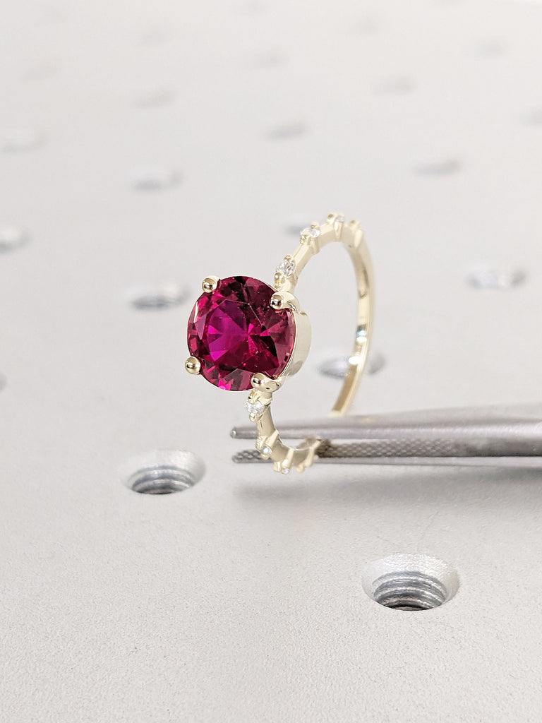 Knife Edge Solid Gold Band Lab Ruby Engagement Wedding Ring Set | Floating Bubble Round Diamond Dainty Platinum Bridal Jewelry for Her