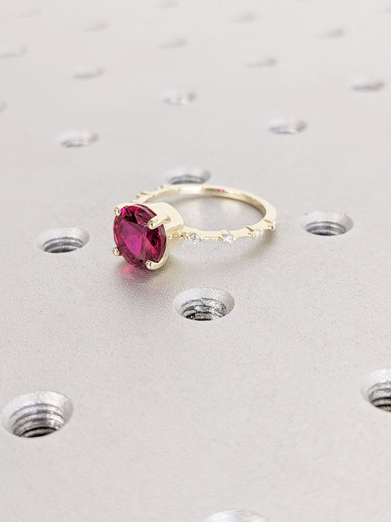 Knife Edge Solid Gold Band Lab Ruby Engagement Wedding Ring Set | Floating Bubble Round Diamond Dainty Platinum Bridal Jewelry for Her