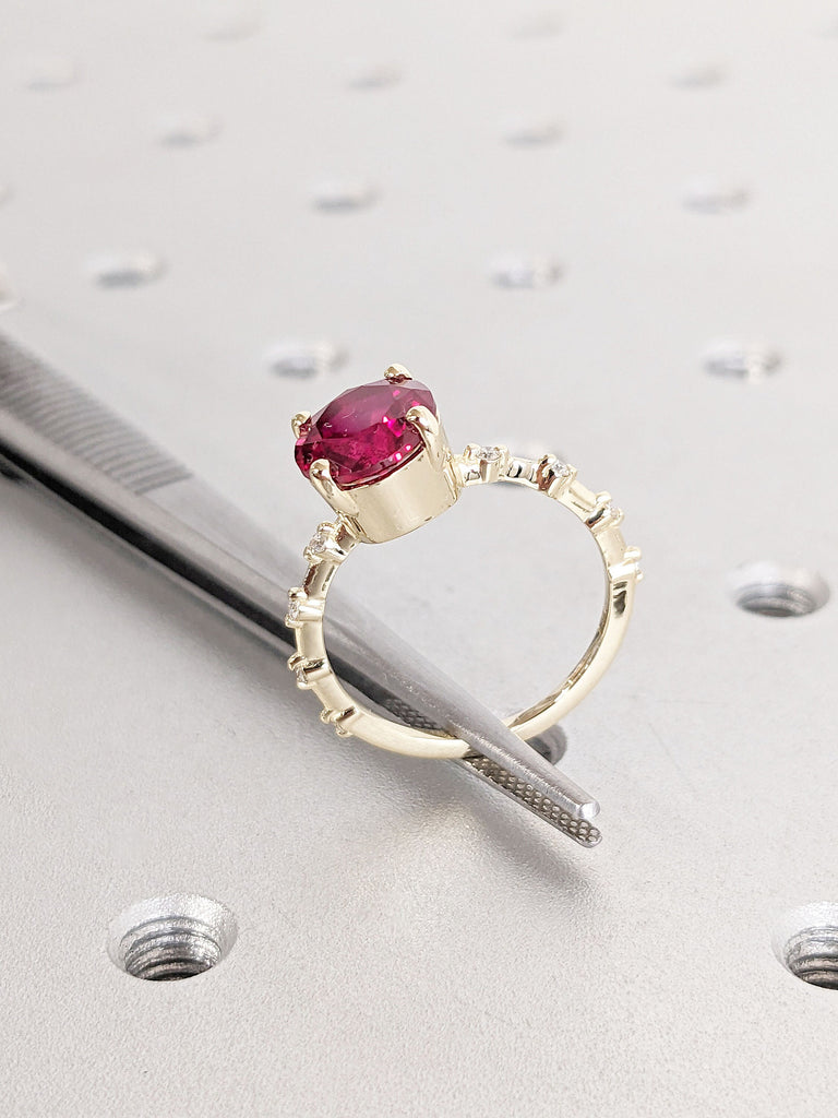 2CT Round Ruby Engagement Ring | 14K Yellow Gold Solitaire Ring | Thin Gold Band | Floating Moissanite Eternity Ring | Unique Proposal Ring