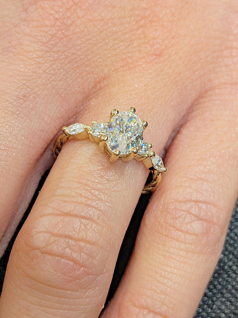 Classic Style Oval Moissanite Engagement Ring, Marquise and Round Diamond/Moissanite Twist Band Ring, Oval Engagement Ring, 14K Yellow Gold